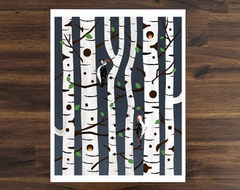 Birch Forest With Woodpeckers Art Print