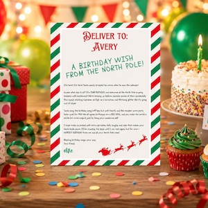 May include: A rectangular card with a red and green striped border featuring the text DELIVER TO: AVERY and A BIRTHDAY WISH FROM THE NORTH POLE. The card includes a letter from Elfie, a silhouette of Santa's sleigh, and a birthday cake with candles.
