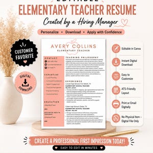 May include: An editable elementary teacher resume template featuring a clean layout with sections for contact, expertise, education, and teaching philosophy. The document includes a header with the name Avery Collins and a light pink apple icon graphic.
