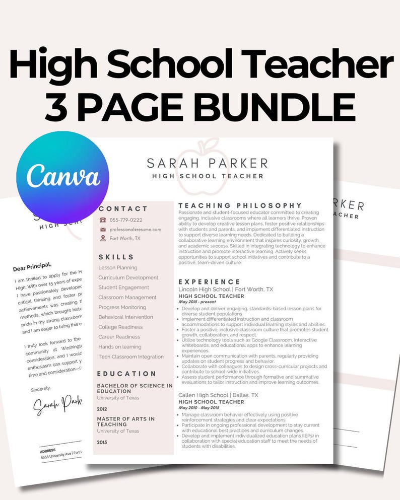 Editable Teacher Resume Bundle | 3-Page Canva Template | Resume, Cover Letter & References | Instant Download Job Application Kit