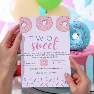 Two Sweet Donut Birthday Invitation | Editable Canva Template | 2nd Birthday Party | Instant Download | Donut Party Invite