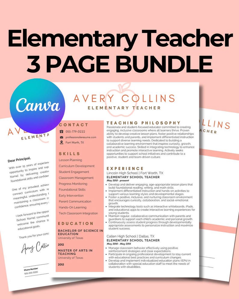 Teacher Bundle | Teacher Resume, Cover Letter & Reference Page | Editable Canva Templates | Instant Download | Teacher Job Application Kit