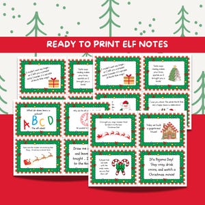 Può includere: Una raccolta di bigliettini stampabili per elfi natalizi con bordi festivi verdi e rossi. Ogni biglietto presenta un messaggio, con illustrazioni di regali, Babbo Natale e una casa di pan di zenzero. Il testo in alto recita "READY TO PRINT ELF NOTES".