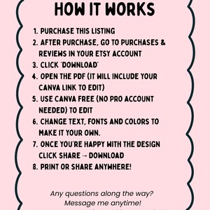 May include: A pink graphic with a black border and the text "HOW IT WORKS". Instructions include purchasing, downloading, editing with Canva, and printing or sharing. Additional text encourages questions.