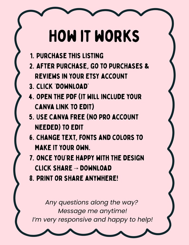May include: A pink graphic with a black border and the text "HOW IT WORKS". Instructions include purchasing, downloading, editing with Canva, and printing or sharing. Additional text encourages questions.