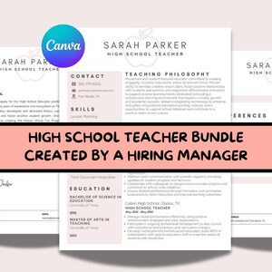 May include: A bundle of resume templates for a high school teacher, created by a hiring manager. The templates include sections for contact information, skills, teaching philosophy, education, and references. The Canva logo is visible.