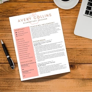 May include: A resume for Avery Collins, Elementary Teacher, with contact information, skills, and experience. The resume is on a wooden desk with a pen, a laptop, and a coffee cup.