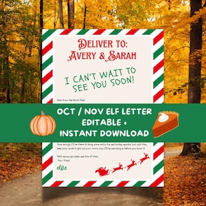 May include: A rectangular letter template with a red and green diagonal striped border. The text reads: Deliver to: Avery & Sarah, I can't wait to see you soon!, Hello from the North Pole!, Oct / Nov Elf Letter Editable + Instant Download.