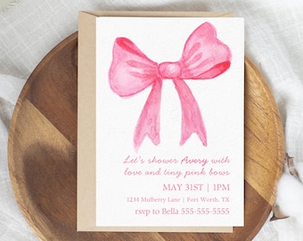 Invitación para baby shower con lazo de acuarela rosa: Plantilla editable de Canva (descarga digital)