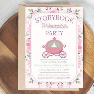 Invitación de cumpleaños de princesa de cuentos: Plantilla editable de Canva (Descarga digital, invitación imprimible de 13 x 18 cm)