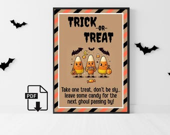 May include: A framed Halloween-themed print with the words "TRICK OR TREAT" in bold letters. The image features three cartoon candy corn characters and the text "Take one treat, don't be sly... leave some candy for the next ghoul passing by!"