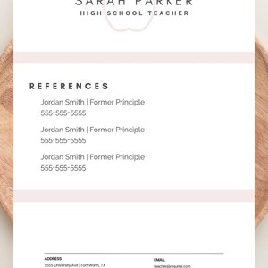 May include: A resume template with the name "SARAH PARKER" and the title "HIGH SCHOOL TEACHER" at the top. The resume includes a section for references, contact information, and an email address. The design is minimalist with a light pink accent.
