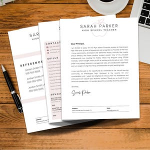 May include: A resume and cover letter for a high school teacher, with the name Sarah Parker. The documents are on a wooden desk with a pen and a laptop. The resume includes references, skills, and education.
