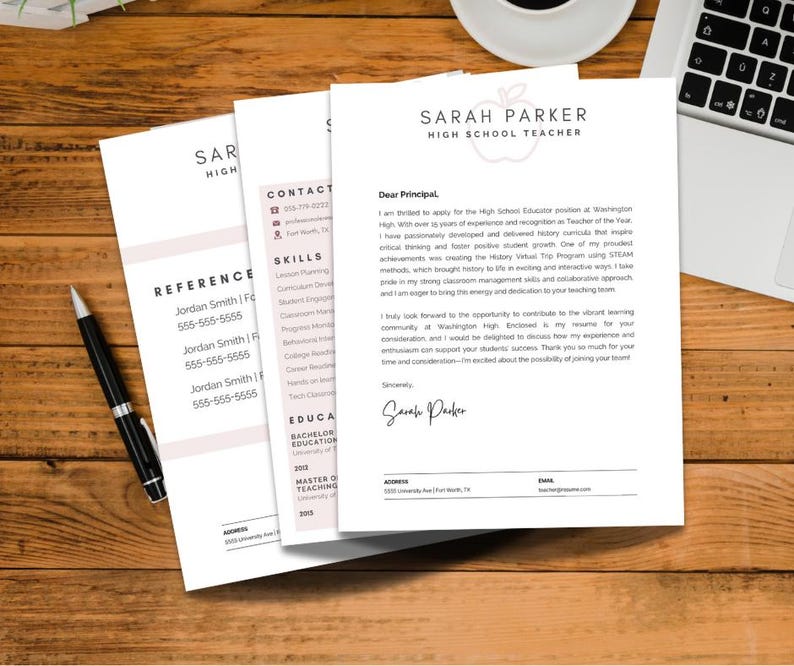 May include: A resume and cover letter for a high school teacher, with the name Sarah Parker. The documents are on a wooden desk with a pen and a laptop. The resume includes references, skills, and education.