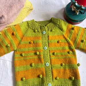 Hand-Knitted Green & Orange Striped Baby Cardigan, Unisex, 18 Months to 2 Years, Soft, Cozy Toddler Sweater