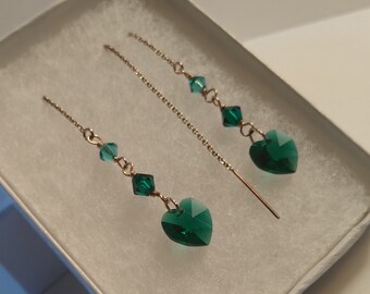 Rose Gold Emerald Green Earrings Heart Dangle Thread Earrings