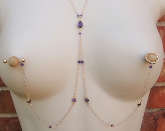 Nipple Jewelry Amethyst, Nipple Rings Onyx, Pierrcing Nipple, Turquoise Nipple Chains, Sexy Breast Jewelry, Purple Nipple Jewelry