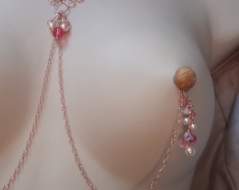 Nipple Rings, Non Piercing Nipple, Nipple Jewelry, Rose Gold Nipple Jewelry Necklace, PInk Pearls Crystal Romantic Jewelry