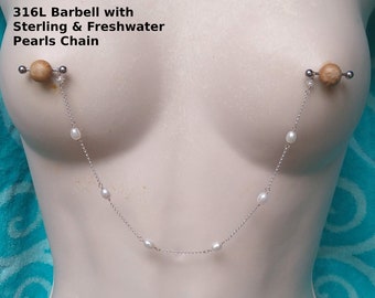 Nipple Rings Pearl Chain Sterling Pierced or Non Piercing Loops Station Pearl Nipple Chain Clasp attachment Option