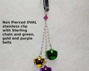 Non Piercing Clitoral Jewelry Jingle Bells Mardi Gras Colors Labia Clamp Purple Green Gold Bells