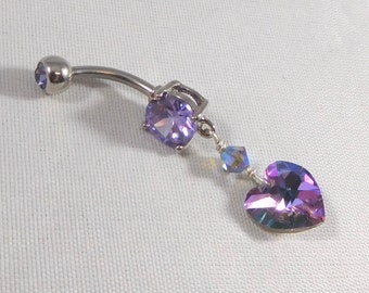 Belly Ring Navel Ring Violet Heart Belly Ring Pink  Purple Crystal Belly Ring