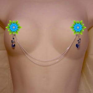Blue Nipple Jewelry Heart Non Piercing Nipple Pierced Nipple Jewelry, Nipple Chains Denim Blue Jean Colored