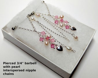 Pearl Nipple Rings, Non Piercing Nipple, Pearl Nipple Jewelry, Pierced Nipple Rings, Sterling Heart Pearl Chain Pinks