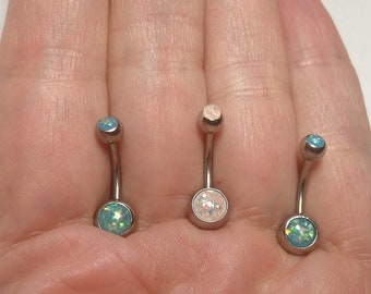 Belly Ring VCH Blue or White Opal Belly Ring 14g 3/8" 10mm 316L Curved Barbell