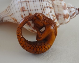 Mermaid Pendant Hand carved SMALL Wooden Sleeping Mermaid Netsuke