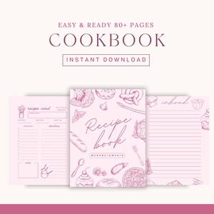 Puede incluir: Libro de cocina imprimible rosa con una portada con ilustraciones dibujadas a mano de comida y el texto "Recipe book". Las páginas interiores están forradas para escribir recetas.