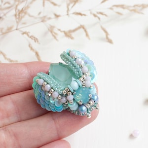Beaded beetle brooch in light mint color - whimsical bug jewelry accessory