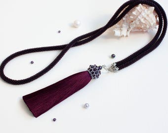Seed bead rope jewelry with long silk pendant - burgundy boho tassel necklace handmade