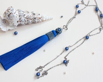 Blue boho tassel necklace - silk thread sautoir with crystal pearls