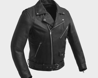 Men's Black Leather Motorcycle Jacket, Removable Belt, Thermal Liner