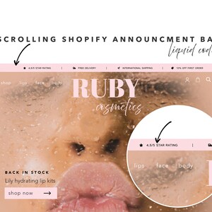 Op de afbeelding: Schermafbeelding van een website voor Ruby Cosmetics, met een close-up van een gezicht met de nadruk op de lippen. De aankondigingsbalk toont een 4,5/5 sterren beoordeling, gratis bezorging en internationale verzending.