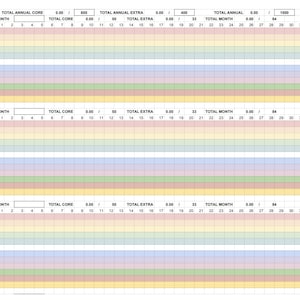 May include: A colorful spreadsheet with rows for subjects like Reading, Math, and Science. The grid is divided into months and totals, with sections for core and extra time. The year 2024 is visible.