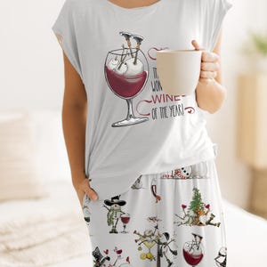 Wine Christmas Pajama Set, Funny Snowman Sleepwear