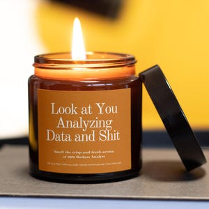 Puede incluir: Una vela encendida en un tarro de vidrio marrón con tapa negra. La vela tiene una etiqueta que dice "Look at You Analyzing Data and Shit". El texto de abajo dice "Smell the crisp and fresh aroma of 100% Badass Analyst."