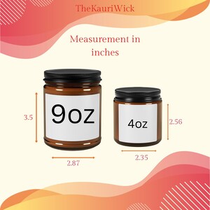 May include: Two brown glass jars with black lids, labeled 9oz and 4oz, with white labels. The 9oz jar is 3.5 inches tall and 2.87 inches wide. The 4oz jar is 2.56 inches tall and 2.35 inches wide. The text "Measurement in inches" is above the jars.
