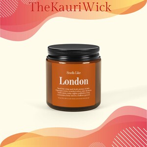 May include: A brown glass jar with a black lid, labeled "Smells Like London." The label includes the text "The crisp and fresh aroma of expensive vents, crowded tubes, rain showers, traffic jams, noisy nights, pollution, long commutes, busy streets, endless queues."