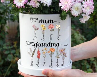 Grandma’s Garden Personalized Flower Pot, Custom Birth Flower Gift, Mother’s Day Gift from Grandkids, Custom Planter Gift, Ceramic Pot