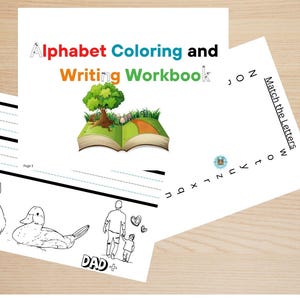 May include: A black and white illustration of a dog, duck, and a person with a child. The page has lines for writing the letter "D" and the word "DAD". The title of the page is "Alphabet Coloring and Writing Workbook".