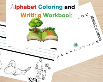 63 Printable Alphabet Coloring and Writing Workbook, Writing practice of letters, Matching letter, Find the letter, Certificate