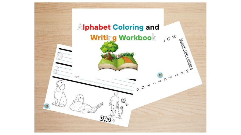 May include: A black and white illustration of a dog, duck, and a person with a child. The page has lines for writing the letter "D" and the word "DAD". The title of the page is "Alphabet Coloring and Writing Workbook".