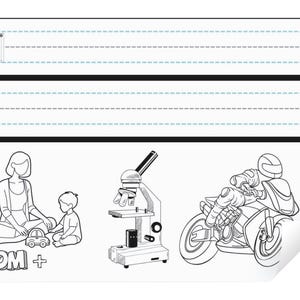 May include: Black and white illustration of a woman sitting with a child, a microscope, and a person riding a motorbike. The page is from a workbook titled "MOM+" and is page 31.