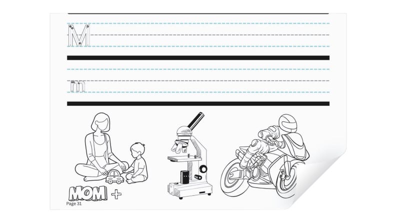 May include: Black and white illustration of a woman sitting with a child, a microscope, and a person riding a motorbike. The page is from a workbook titled "MOM+" and is page 31.