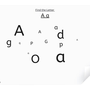 May include: A black and white worksheet with the text "Find the Letter Aa" and a grid of letters. The letters "A" and "a" are scattered throughout the grid.