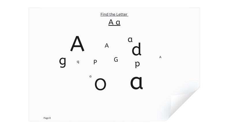 May include: A black and white worksheet with the text "Find the Letter Aa" and a grid of letters. The letters "A" and "a" are scattered throughout the grid.