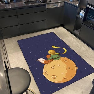 Alfombra de El Principito, Alfombra de dibujos animados adorables, Alfombra de galaxia de zorro y niño, Alfombra para habitación infantil de noche estrellada, Alfombra con temática espacial, Alfombra infantil caprichosa.