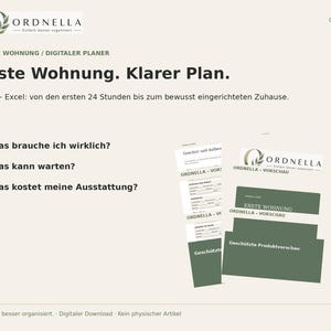Puede incluir: Un planificador digital para un primer apartamento titulado Erste Wohnung. Klarer Plan. El documento incluye archivos PDF y Excel con listas para necesidades del hogar, tiempos y presupuesto, con el logo de Ordella y páginas de vista previa verdes.